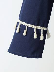 Girls' Abaya Dress, Square Neck Long Sleeve A-Line Dress With White Tassel Decor On Chest And Sleeves, Vintage Geometric Pattern Patchwork, Suitable For Festivals  Girls Navy Blue Abaya Kids Arabic Dress Girls Modest Dress Girls Navy Blue Modest Dress Girls Abaya - Navy Blue - View 7