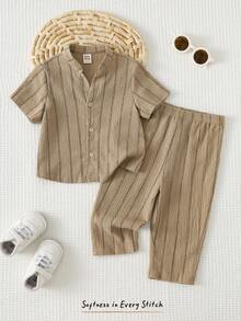 Cozy Pixies 2 Peças Conjunto de Cardigan de Manga Curta de Gola Redonda Versátil e Calça de Cintura Elástica em Cor Sólida e Textura Listrada para Bebê Menino - Caqui - Visão 2