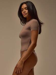 MUSERA ESSENTIALS Fitted Short Sleeve Polyamide Crewneck Top Winter Cosy Lounge Cute Sexy Everyday Lounge Essential - Chocolate Brown - View 3