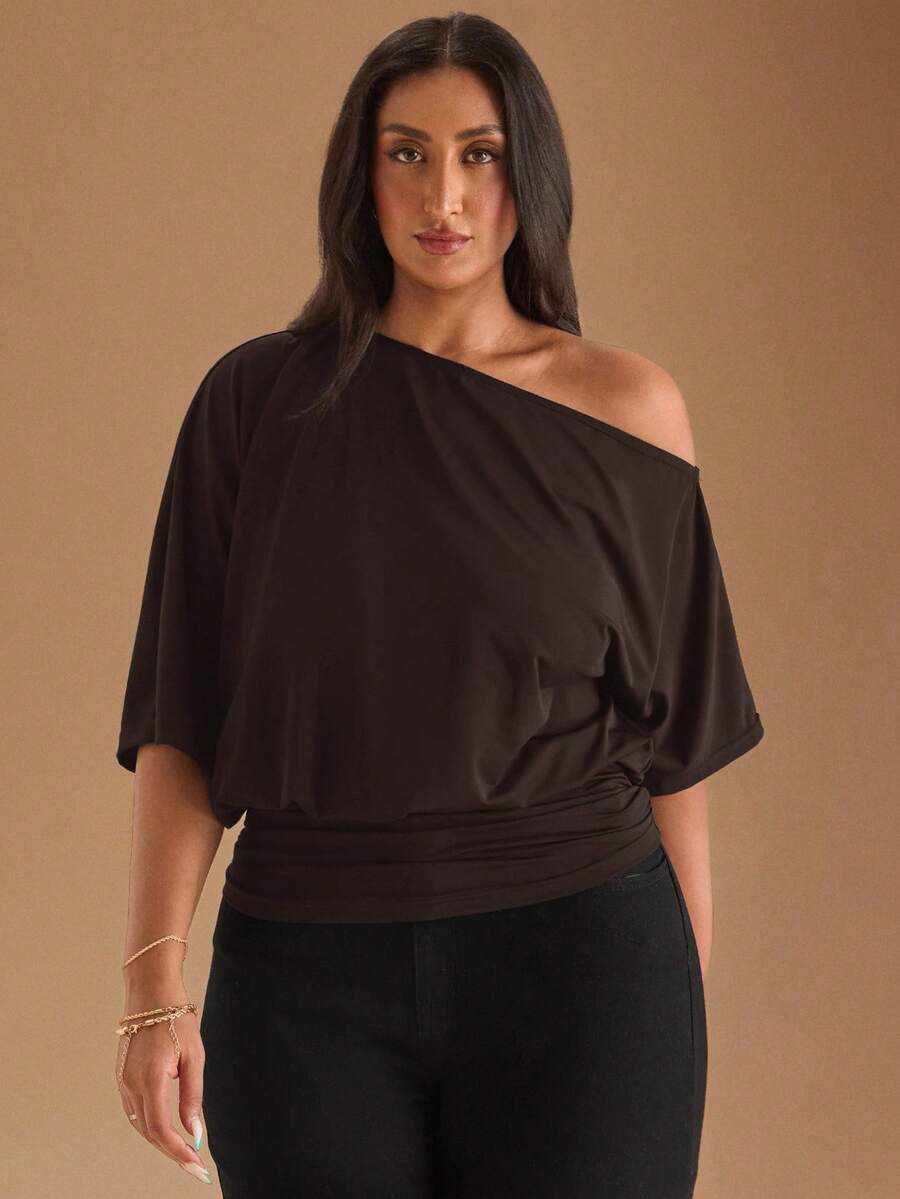 SHEIN BAE Black Casual Slash Shoulder Asymmetrical T-Shirt, Versatile For Daily Wear, Dating, Afternoon Tea, Hanging Out With Friends, All-Matching Occasions