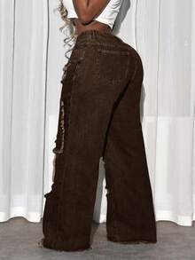 Slaydiva Celana Jeans Lurus Bergaya Streetwear Ukuran Plus untuk Wanita - Coklat - View 2