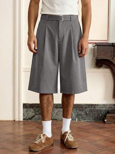 SWAVVY 男士纯色褶裥口袋宽松休闲通勤短裤