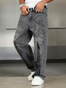 Manfinity EMRG Premium Washed Black & Gray Print Wide Leg Jeans - Black - View 6