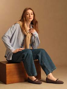 Rosivie Damen Ballerinas mit rundem Zehenbereich, Kaffeebraun, Fellbesatz, Blumenmuster, Metallschnalle am Knöchelriemen, bequeme, lässige französische Stil Slip-On Schuhe - Kastanienbraun - Übersicht 10