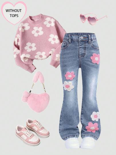 SHEIN Young Girl' Pink Floral Embroidered Retro Blue Denim Elastic Skinny Flare Pants