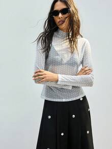 Maija 2026春夏女式立领网纱全印花长袖时尚性感上衣，适合都市通勤、商务休闲、约会、婚礼、度假等优雅场合。 - 灰色 - 查看 4