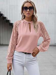 SHEIN Clasi Áo kiểu nữ tay dài phối ren, kiểu dáng thường ngày. - Hồng - Xem 5