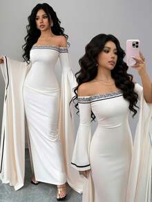 Elenzga Elegant Waist Cinched Off-Shoulder Apricot Long Dress, Fashionable & Chic, Spring/Summer - Apricot - View 3