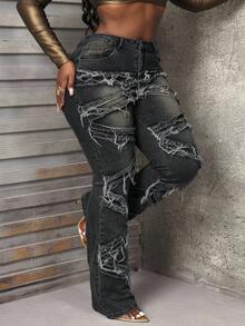SHEIN SXY 大码女式 Y2K 街头风休闲水洗喇叭裤 - 深灰色 - 查看 3