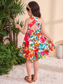 SHEIN Young Girl Woven Tropical Plant Print Bowknot Decor Elastic Waist Short Dress, Holiday Style Printed Spaghetti Strap Dress,For Summer Beach Vacation,Mom And Daughter & Sisters Matching Style Matching ,Matching Family Vacation , Holidays - Hot Pink - View 6
