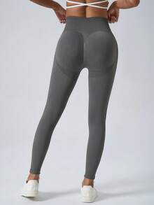 女士无缝运动紧身裤，腰部拼接设计，收腰提臀 - 灰色 - 查看 2