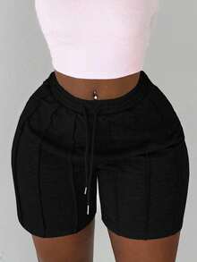 Slaydiva 夏季休闲运动前褶设计五分裤骑行裤运动裤浅灰色女士短裤 - 黑色 - 查看 6