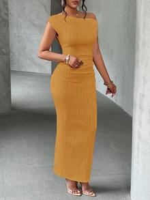 Slaydiva 夏季新款优雅派对日常约会斜肩单肩露肩前褶修身长裙波浪纹理针织面料白色女装 - 珊瑚橙 - 查看 6