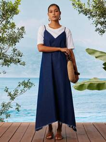 Travachic Women's Dark Blue Denim Spaghetti Strap Long Dress - Spring/Summer Vacation Outfit,Holiday Outfits - Dark Wash - View 8