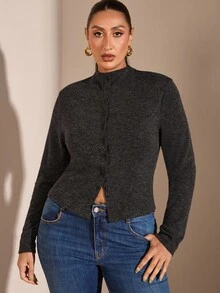 SHEIN BAE Blusa de manga larga con botones delanteros lisos para mujer de talla grande, uso diario casual, blusa básica de manga larga con decoración de botones metálicos para mujer de talla grande, otoño para mujer, invierno para mujer, talla grande de otoño, elegante - Negro - Ver 2