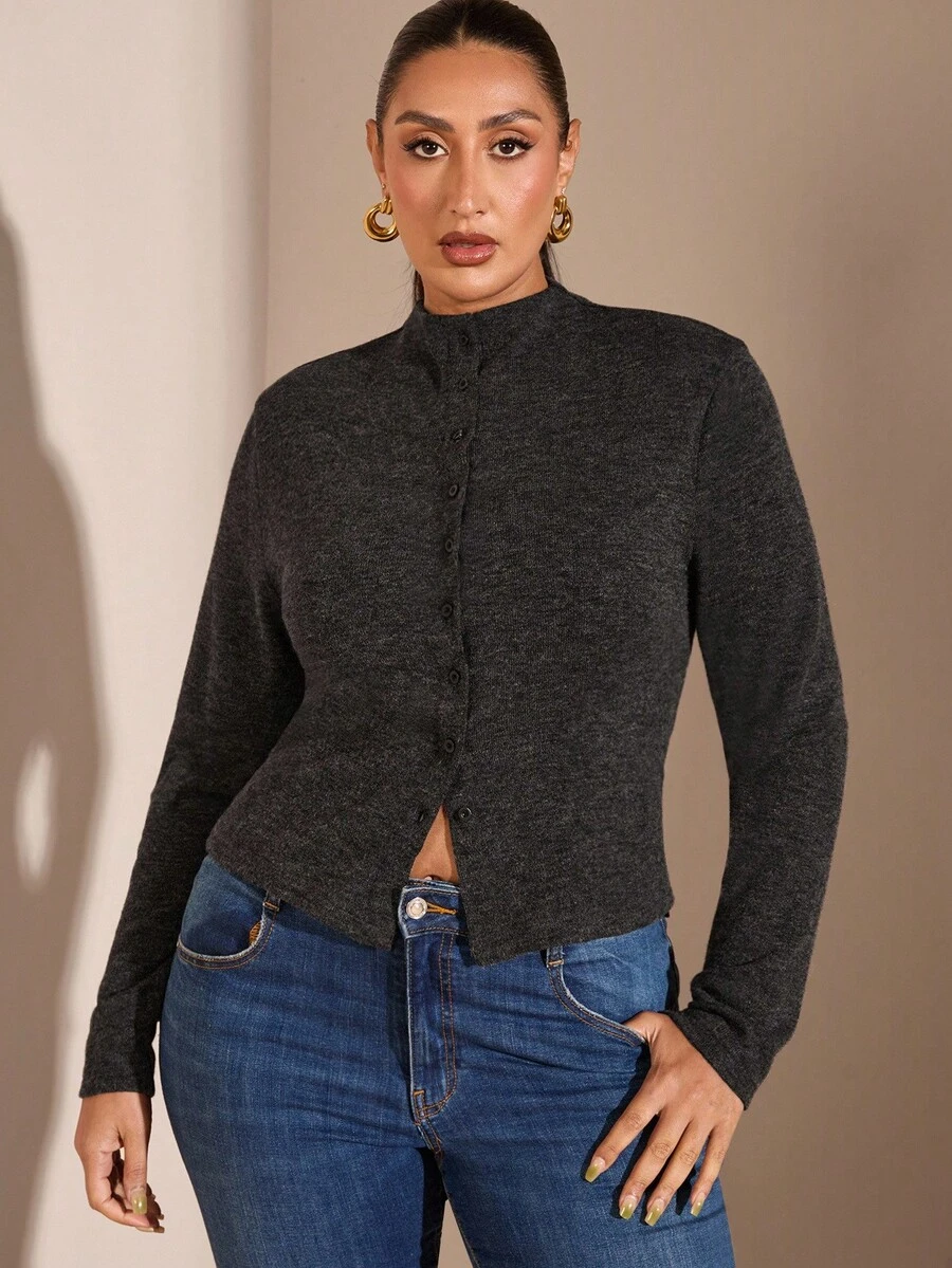 SHEIN BAE Blusa de manga larga con botones delanteros lisos para mujer de talla grande, uso diario casual, blusa básica de manga larga con decoración de botones metálicos para mujer de talla grande, otoño para mujer, invierno para mujer, talla grande de otoño, elegante