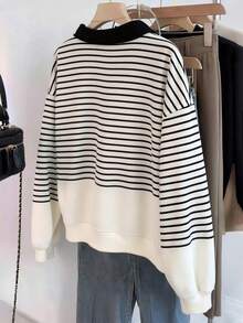 SHEIN Women's Retro Loose Zip-Up Striped & Horse Logo Print Long Sleeve Casual Sweatshirt, Suitable For Spring And Autumn - White - View 2
