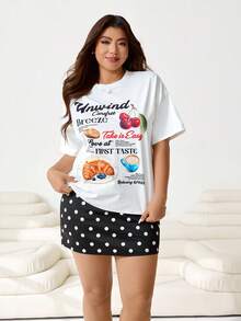 Solflare 2026春夏新款休闲水果面包印花圆领宽松T恤搭配黑色弹力针织短裤/半裙两件套，适合户外、日常、派对、约会、生日、音乐节、通勤、度假、情人节等多种场合。 - 彩色 - 查看 7