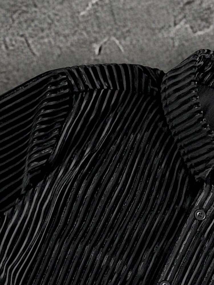 GENTILAND 男士休闲日常通勤字母刺绣灯芯绒短袖衬衫 男士街头风图案纽扣衬衫 男士网眼度假衬衫 男士短袖纽扣衬衫 - 黑色 - 查看 5