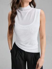 Ontre Women's Asymmetric Asymmetrical Hem Oblique Collar Sleeveless T-Shirt, Urban Commute Business Casual Elegant Top, Suitable For Vacation, Wedding Guest, Party, Summer - White - View 6