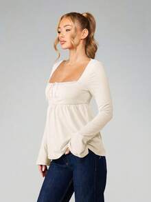 MISSGUIDED Long Sleeve Babydoll Top With Lace Trim Square Neckline Empire Waist Gathered Flowy Casual Blouse Fall Winter Fashion - Cream - View 6