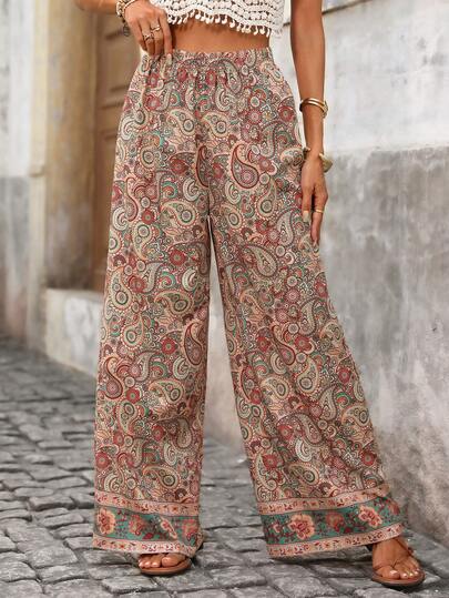 Brillora Women's Casual Fashionable Bohemian Vacation Style Paisley Print Loose Wide Leg Pants, Spring Clothes Women , Summer Dress , Summer Dresses For Women , Summer Outfits  , Summer Holiday Outfits,