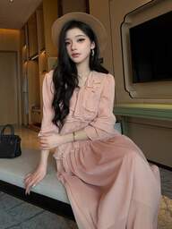 DAZY Vestido de chiffon rosa romântico para primavera/verão, ideal para casamentos e férias. Cintura ajustada, elegante, com mangas e barra com babados, perfeito para o escritório ou ocasiões casuais.