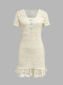 SHEIN Women's V-Neck Short Sleeve Bow Decor Casual Mid-Length Dress - Apricot - View 4