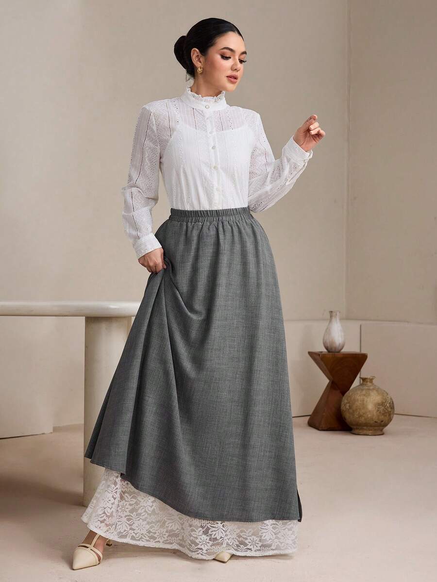 Graceveil Women's Elegant Grey Solid Color Elastic Waist Long Skirt,Autumn Modest Skirts For Tea Party,Clothing - Grey - View 1
