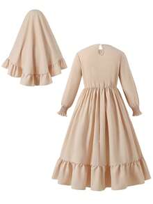 SHEIN 2pcs/Set Tween Girls Traditional Arabic Dress, Long Sleeve Robe + Abaya Set - Khaki - View 2