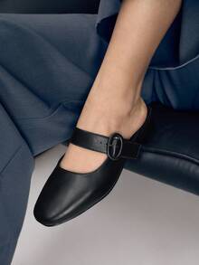 Women's New Round Toe Square Heel Backless Mary Jane Flats, Black, Versatile & Elegant - Black - View 4