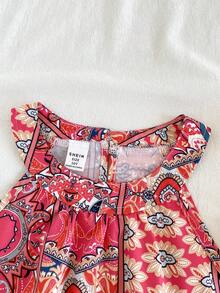 Vintaside Kids Girls' Sleeveless Stylish And Elegant Digital Printed Top Paired With Digital Printed Casual And Fashionable Shorts Set, Suitable For Outdoor Travel And Beach Wear - Red - View 5