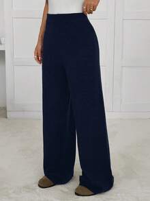 SHEIN EZwear Women's Solid Color Casual Comfortable Breathable Soft Knit Pants - Navy Blue - View 3