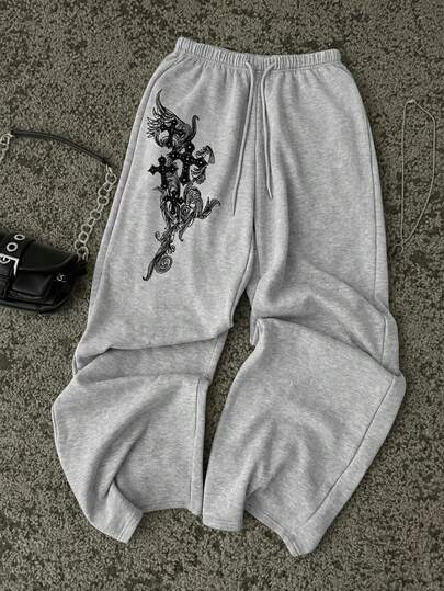 Attitoon Casual Vintage Punk Y2K Versatile Party Airport Outfit, Black Cross Floral Print Pattern, Comfortable Warm Women Front Tie Loose Straight Leg Sweatpants, Suitable For Autumn/Winter