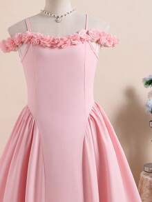 1pc Light Pink Summer Elegant Flower Girl Girls' Woven Off-Shoulder Adjustable Strap Dress,Custom Floral Lace Trim Zipper Back Formal Wedding Gown - Pink - View 9