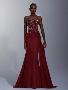 Elitara Elegante y lujoso vestido de gala de sirena con detalles de pedrería 3D, cintura fruncida, paneles transparentes y falda con volantes en cascada, adecuado para ocasiones formales, bodas y fiestas - Burdeos - View 3