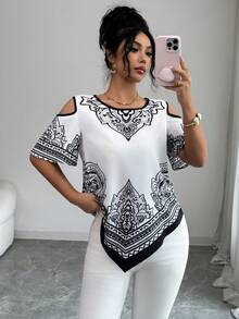 SHEIN Elenzya 优雅度假通勤黑白印花不对称下摆女士短袖衬衫 - 黑與白 - 查看 1