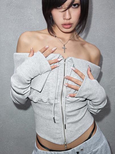 ROMWE Avant 1 pièce Sweat-shirt-shirt zippé sans épaules de couleur unie pour femme