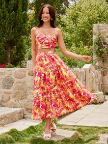 KARISMINA 女士雪纺印花抹胸上衣和半裙两件套，度假风，春夏款 - 彩色 - 查看 4