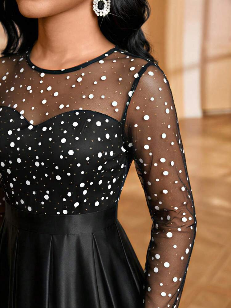 SHEIN Lady Elegantes Damen Party-Kleid mit Polka-Punkt-Muster, Mesh-Einsätzen und plissiertem Saum in Midi-Länge - Schwarz - Übersicht 8