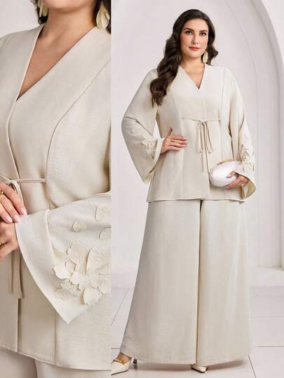 Veilorie Plus Size Women's Solid Color Cross-Wrap Batwing Sleeve Elegant Arabic Style Set Pant Suit Set Plus Women Suit Sets