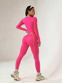 Women's Casual Sports Running & Fitness T-Shirt & Leggings Set - Hot Pink - View 3