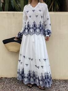 DAZY 女士度假风花卉刺绣流苏系领灯笼袖衬衫和半裙休闲两件套 - 白色 - 查看 3