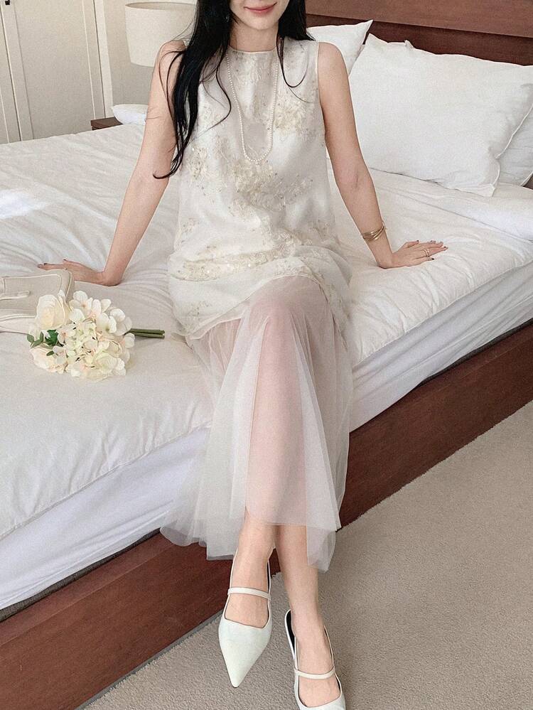 Women's Elegant Commuter Sequin Embroidery Mesh Patchwork Sleeveless Midi Dress Wedding Guest Dress,Valentine Outfits For Women Cocktail Dress