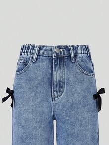 SHEIN ChillGRL 女童Y2K风格直筒牛仔裤，侧边饰有蝴蝶结，休闲时尚，适合所有季节 - 霧霾藍 - 查看 6