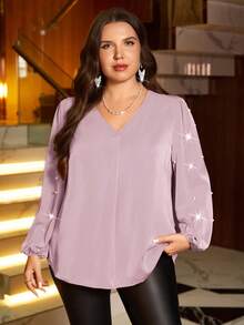 EMERY ROSE Plus Size Women Pearl V-Neck Solid Color Blouse/Summer/Spring/Vacation - Pink - View 1