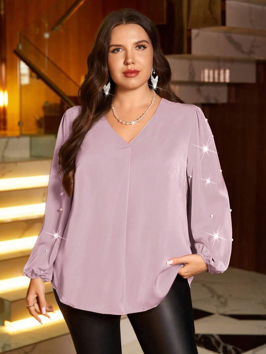 EMERY ROSE Plus Size Women Pearl V-Neck Solid Color Blouse/Summer/Spring/Vacation - Pink - View 1