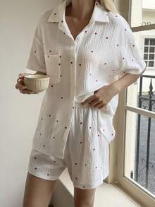 Livesso 2pcs Women Heart Pattern Collar Loungewear Set, Autumn/Winter - White - View 6