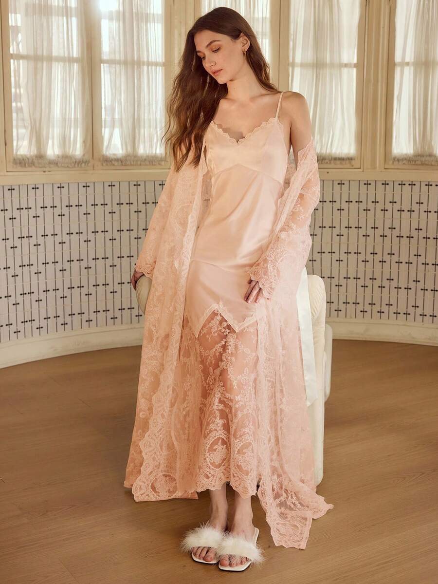 MOTF PREMIUM 刺绣拼接优雅长款睡衣套装 - 珊瑚粉 - 查看 1