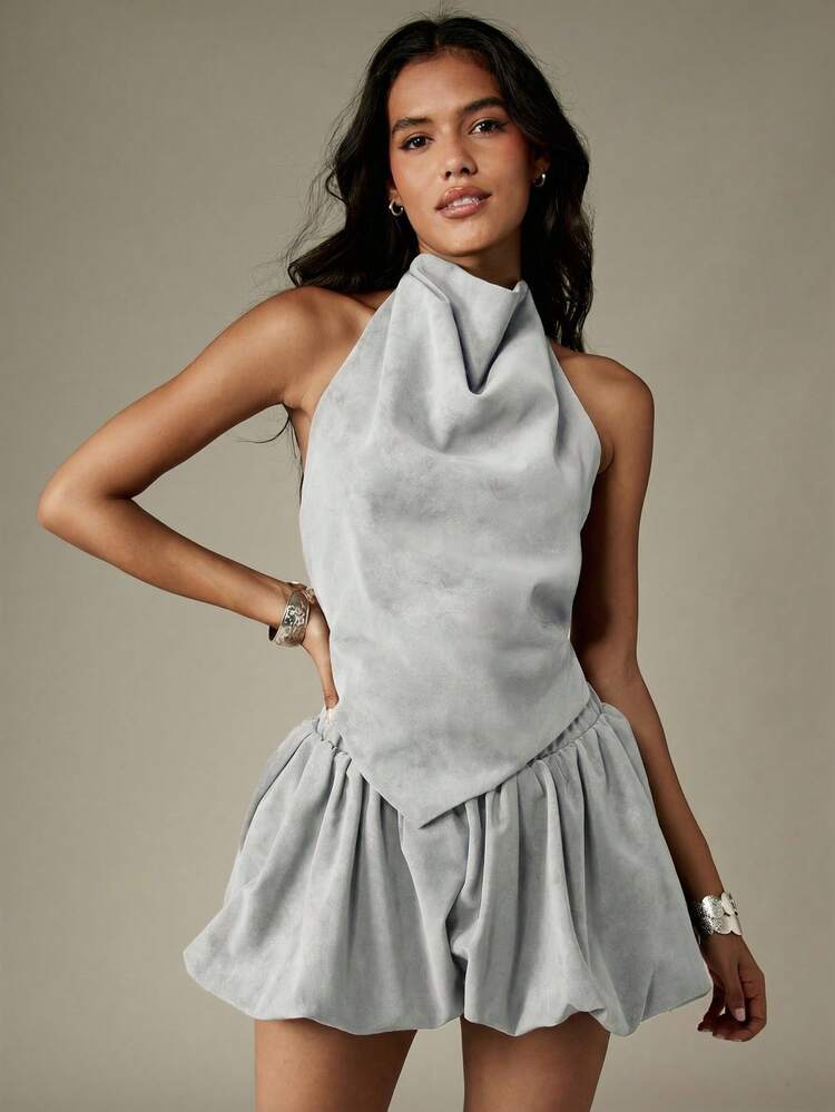MISSGUIDED Halter Neck Backless Two Piece Coord Set With Draped Top Asymmetrical Ruffle Hem Mini Skirt Summer Festival Outfit